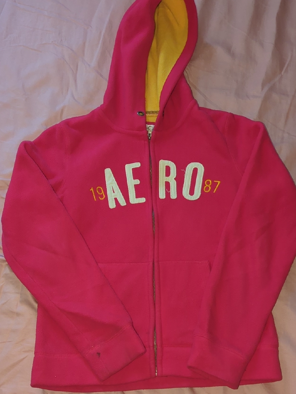 Aeropostale Hot Pink Zip Hoodie with Yellow Hood Lining